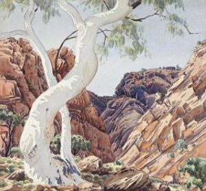 Lot 86, Albert Namatjira, Ghost Gum and Gorge, Central Australia, 1952, est. $30,000-40,000. Ghost Gum with the Mostest Plus Gorgeous Gorge