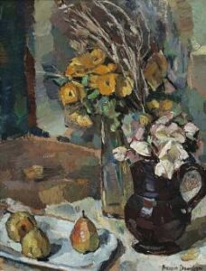 Lot 31, Bessie Davidson, Still Life with Flowers and Pears, est. $50,000-$70,000. Delicious