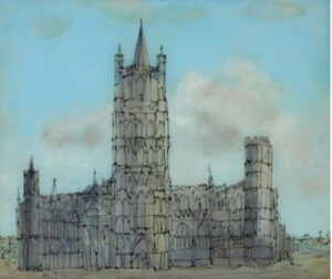 Lot 19 - Sidney Nolan, Ely Cathedral, 1950, est. $3,000-5,000. Glass with class